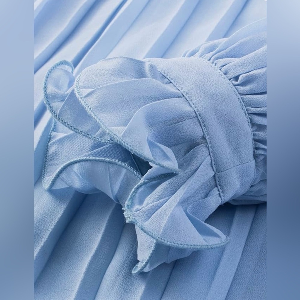 Women’s Sky Blue Pleated Ruffled V-Neck Long Sleeve Romper Size XL - Picture 5 of 15